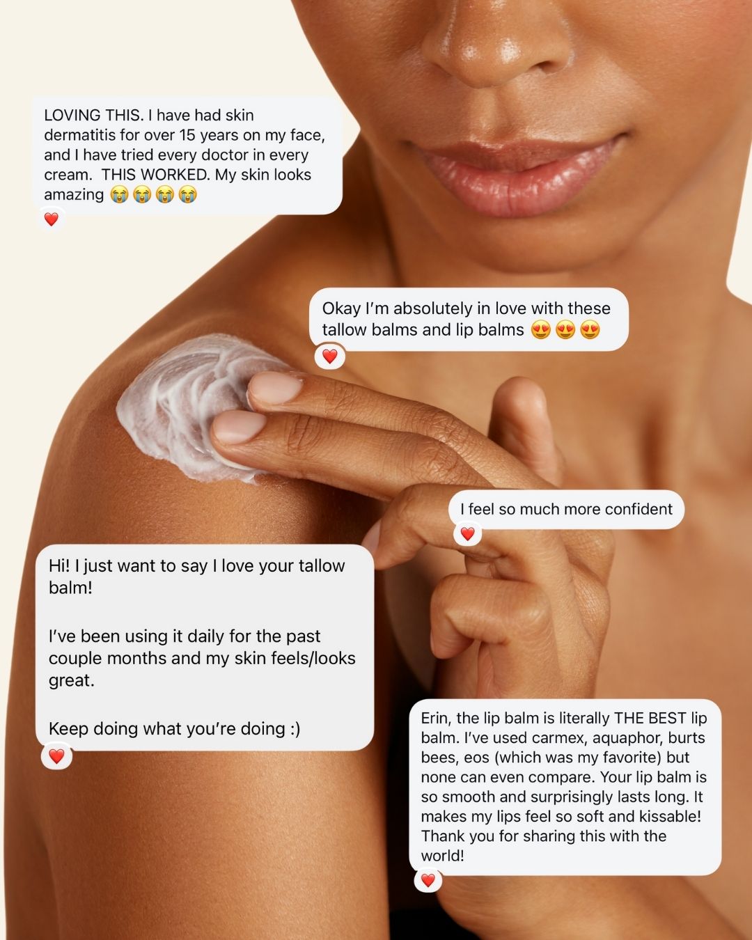 Woman applying tallow balm to shoulder with positive comments on screen
