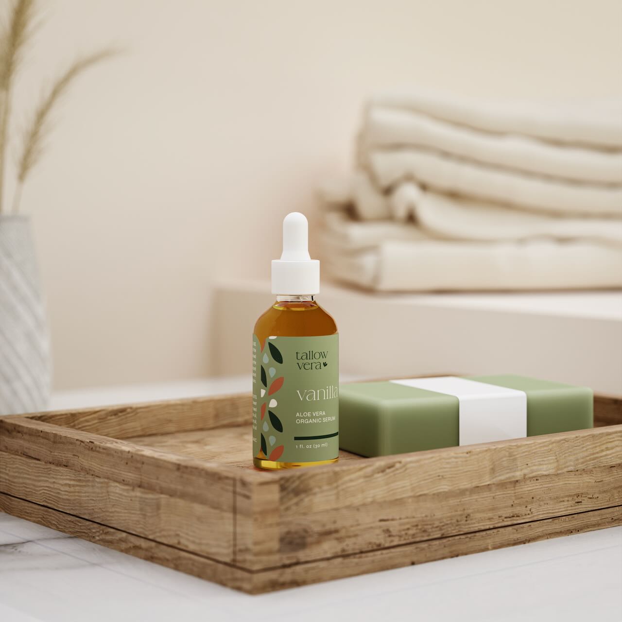 Tallow Vera's vanilla Aloe Vera organic serum sitting in box with soap within a bathroom setting