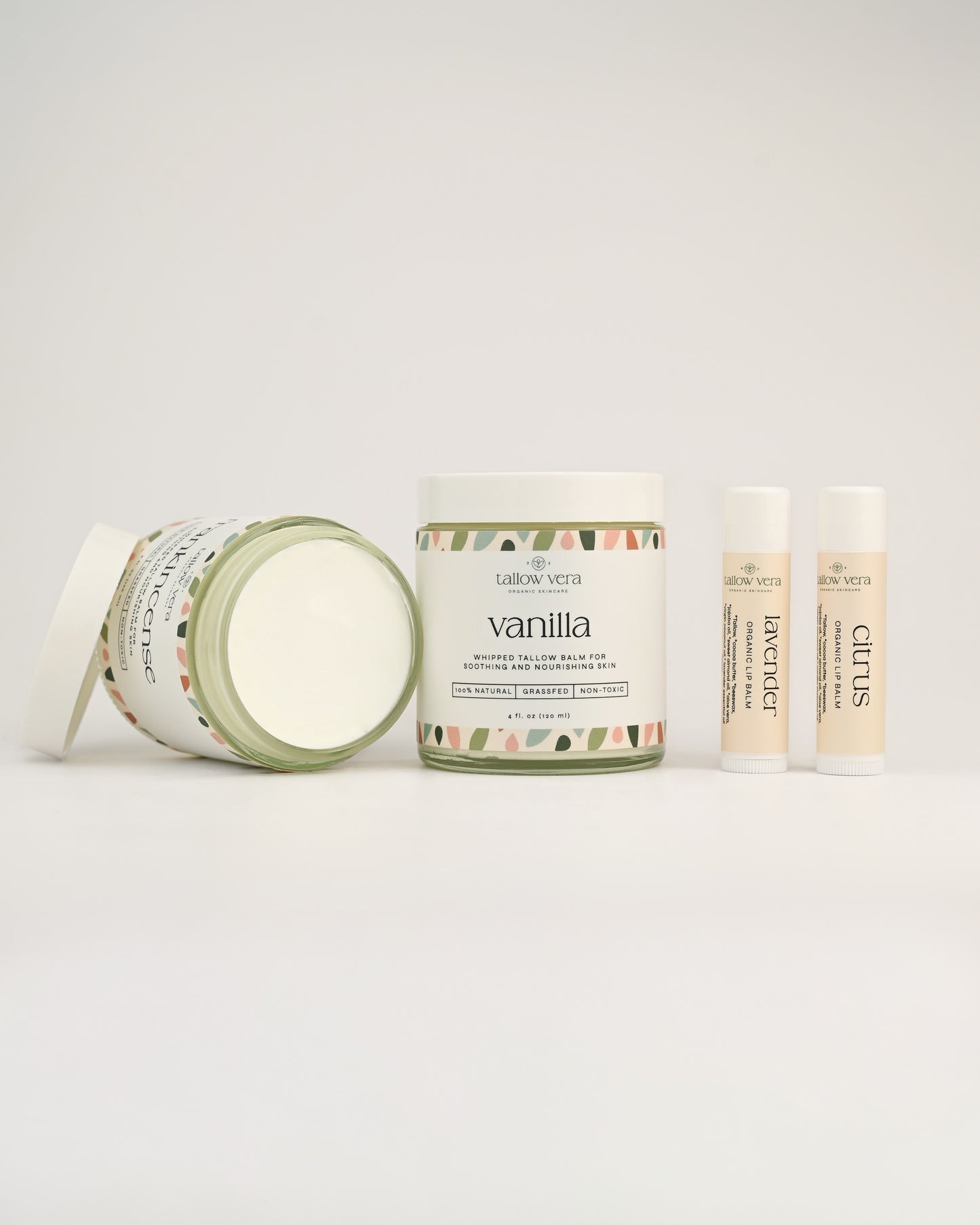 Two Tallow Vera tallow balms with two tallow lip balms.