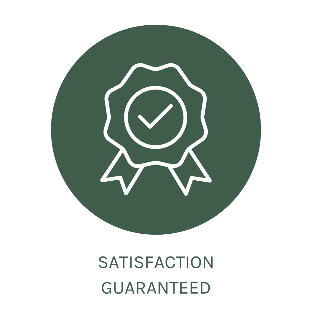 Icon of a checkmark within a ribbon on a green background with 'Satisfaction Guaranteed' text.