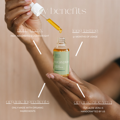 Hand holding a dropper with a bottle of aloe vera eucalyptus serum, labeled with key benefits on a beige background.