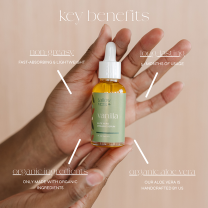 Hand holding a bottle of Tallow Vera vanilla aloe vera serum with text highlighting key benefits on a beige background.
