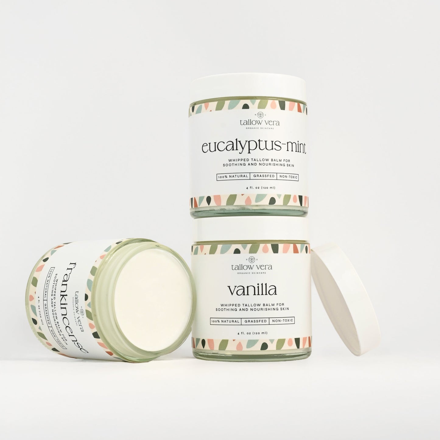 Three 4oz Tallow Vera Tallow Balms with the scents of frankincense, eucalyptus + mint, and vanilla.