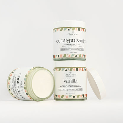 Three 4oz Tallow Vera Tallow Balms with the scents of frankincense, eucalyptus + mint, and vanilla.