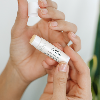 Hand holding a Tallow Vera lip balm labeled 'mint' against a neutral background