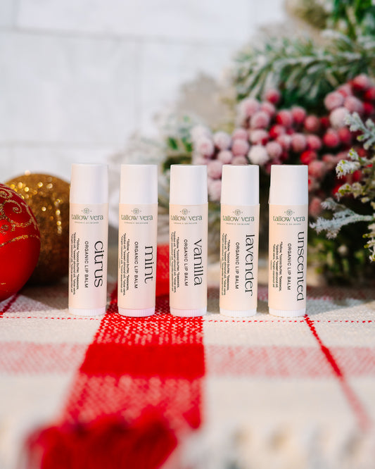 All 5 scent of Tallow Vera's organic tallow lip balms in front of Christmas decor