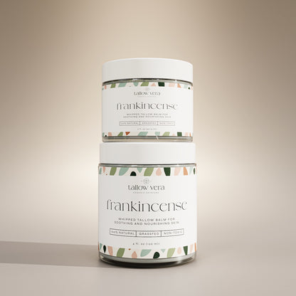 2 oz and 4oz Tallow Vera frankincense whipped tallow balms stacked on one another