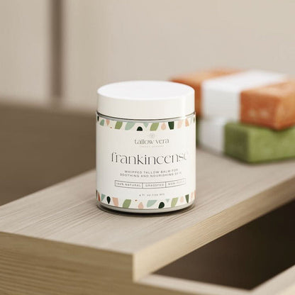4oz Tallow Vera frankincense whipped tallow moisturizer in bathroom setting