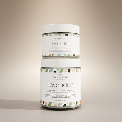 2 oz and 4oz Tallow Vera lavender whipped tallow balms stacked on one another