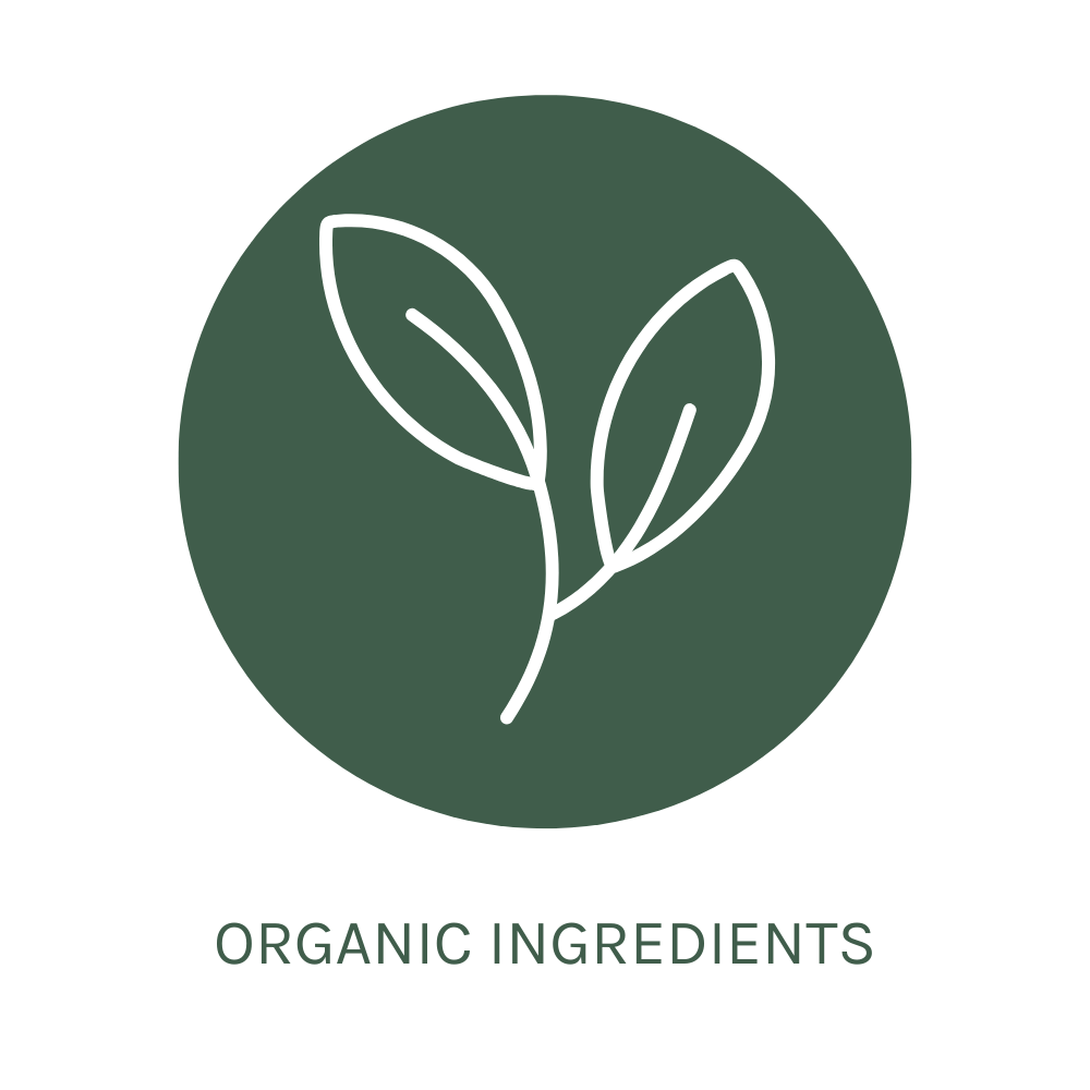 Icon with two leaves inside a green circle and 'ORGANIC INGREDIENTS' text below on a white background