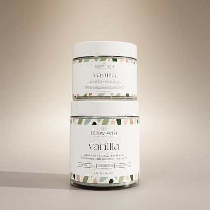 2 oz and 4oz vanilla whipped tallow balms stacked on one another