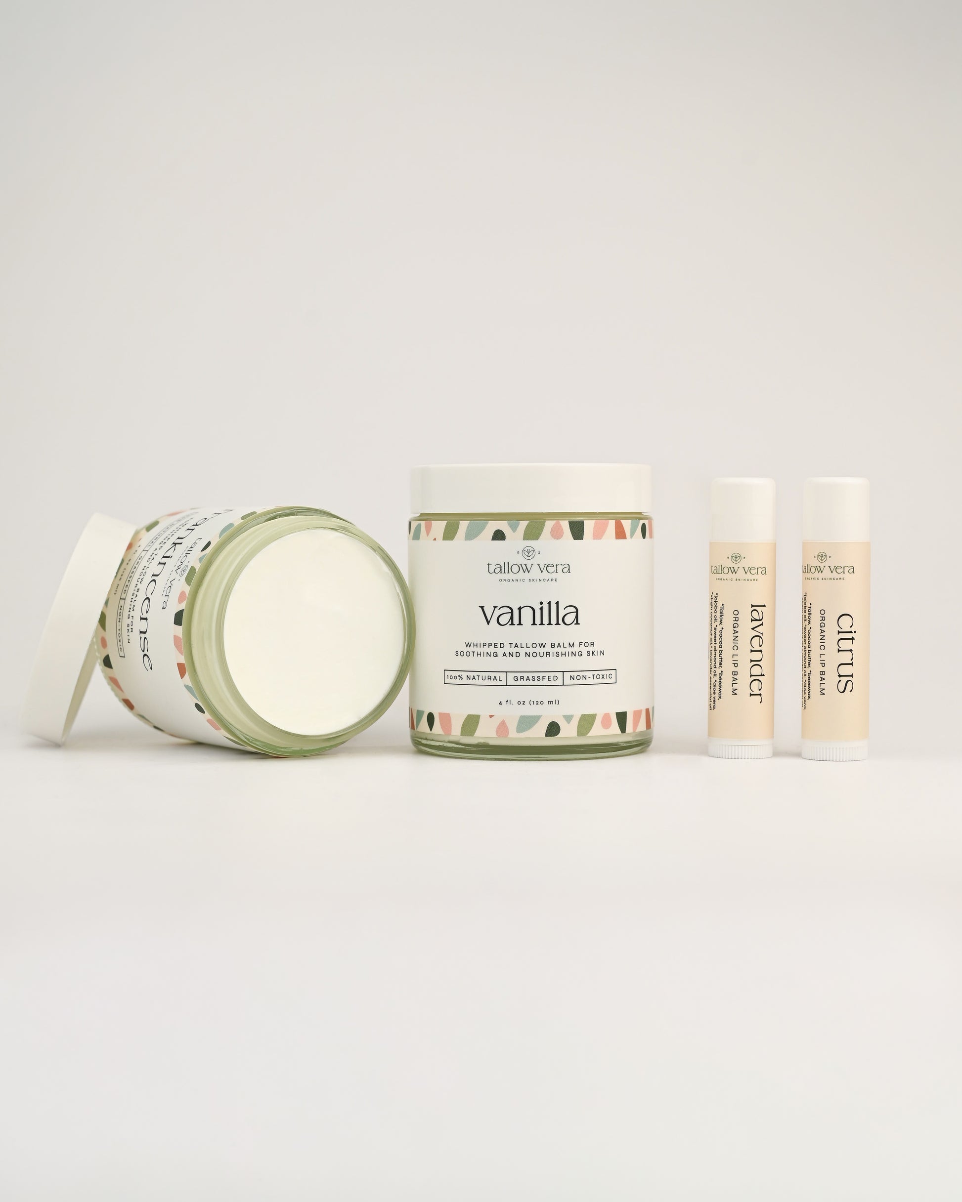 Two Tallow Vera tallow balms with two tallow lip balms.