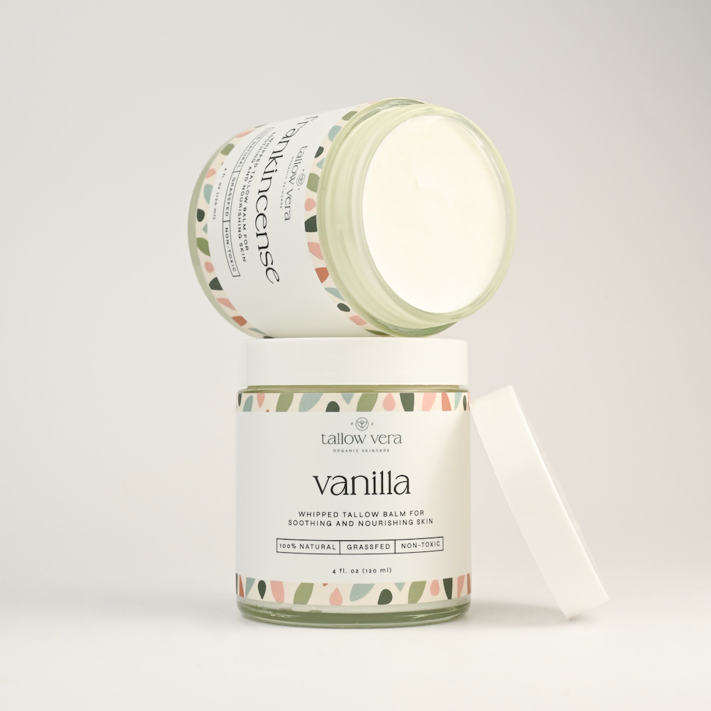 Two 4oz Tallow Vera tallow balms in the scents of frankincense and vanilla.