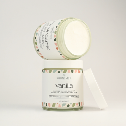 Two 4oz Tallow Vera tallow balms in the scents of frankincense and vanilla.