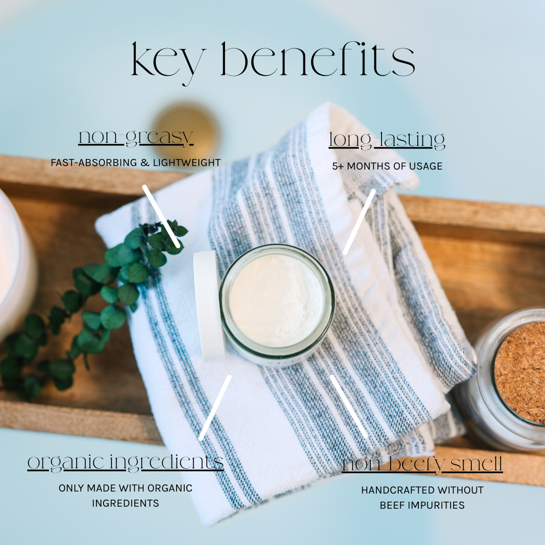 Tallow Vera tallow balm with key benefits listed on a light blue background